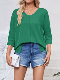 Lovelet Textured Round Neck Three-Quarter Sleeve Blouse Trandify deal