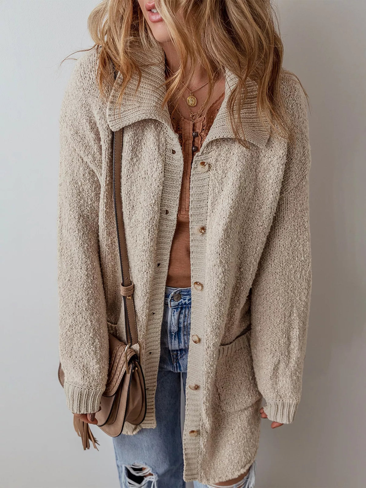 Women's Lightweight Button Up Cardigan with Pockets in beige