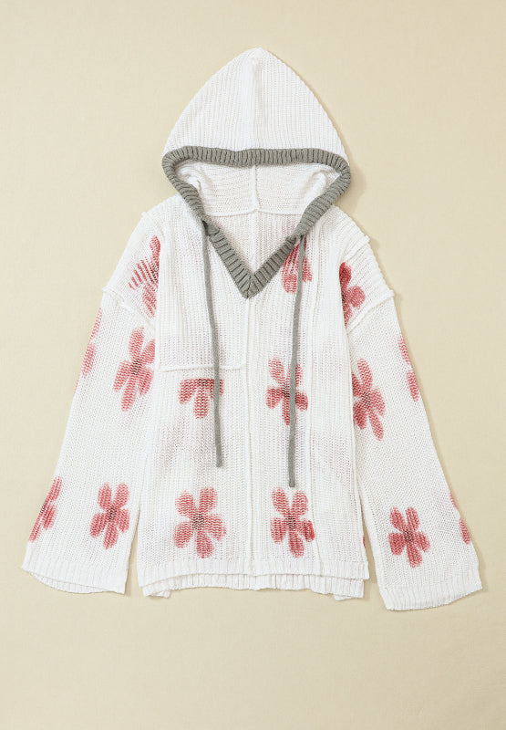 Drawstring Flower Hooded Knit Top Trandify Deal
