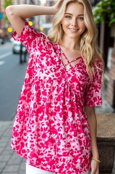Plus Size Animal Print Babydoll Top – Crisscross Neck Short Sleeve Blouse for Women