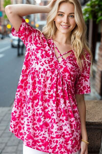 Plus Size Animal Print Babydoll Top – Crisscross Neck Short Sleeve Blouse for Women