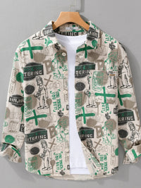 mens plus size printed button-up long sleeve cotton shirt