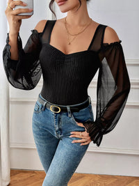 Sheer Cold Shoulder Bodysuit | Flounce Sleeve Top