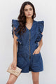 Denim Romper with ruffled detail and front zipper