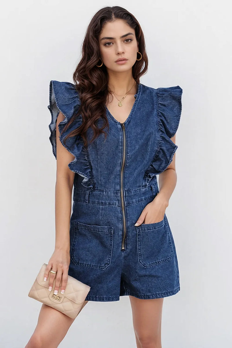 Denim Romper with ruffled detail and front zipper