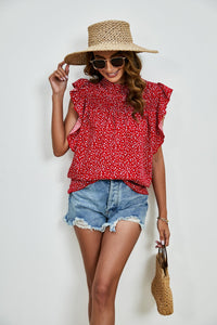 Ruffled Ditsy Floral Mock Neck Cap Sleeve Blouse Trandify deal