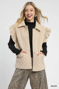 Puff Sleeve Sweater with Ruffle Detail and Mock Neck shown in Black on a model.