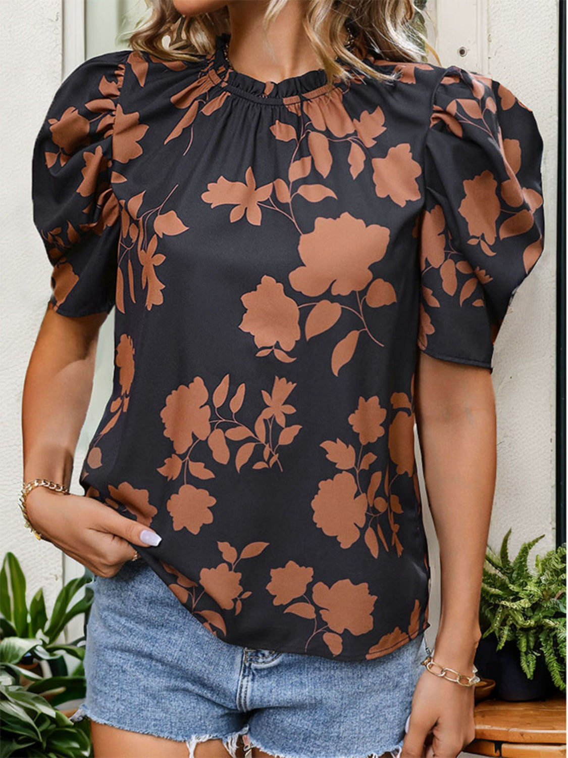 Frill Printed Round Neck Puff Sleeve Blouse Trandify deal