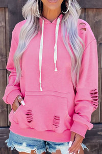 Distressed Drawstring Long Sleeve Hoodie Trandify deal