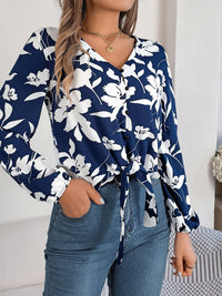 Printed V-Neck Long Sleeve Blouse Trandify deal