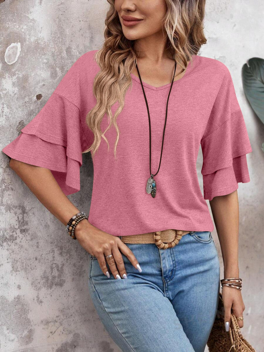 V-Neck Half Sleeve Blouse - Trandify Deal