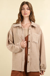 VERY J Mixed Media Button Down Raw Hem Shacket for Women - Trendy Layering Piece at TrandifyDeal