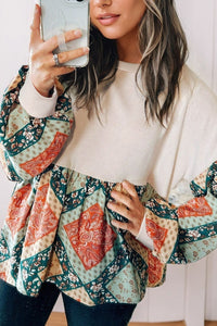Printed Round Neck Long Sleeve Blouse Trandify Deal