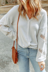 Lace Detail Drop Sleeve Ribbed Top Trandify Deal