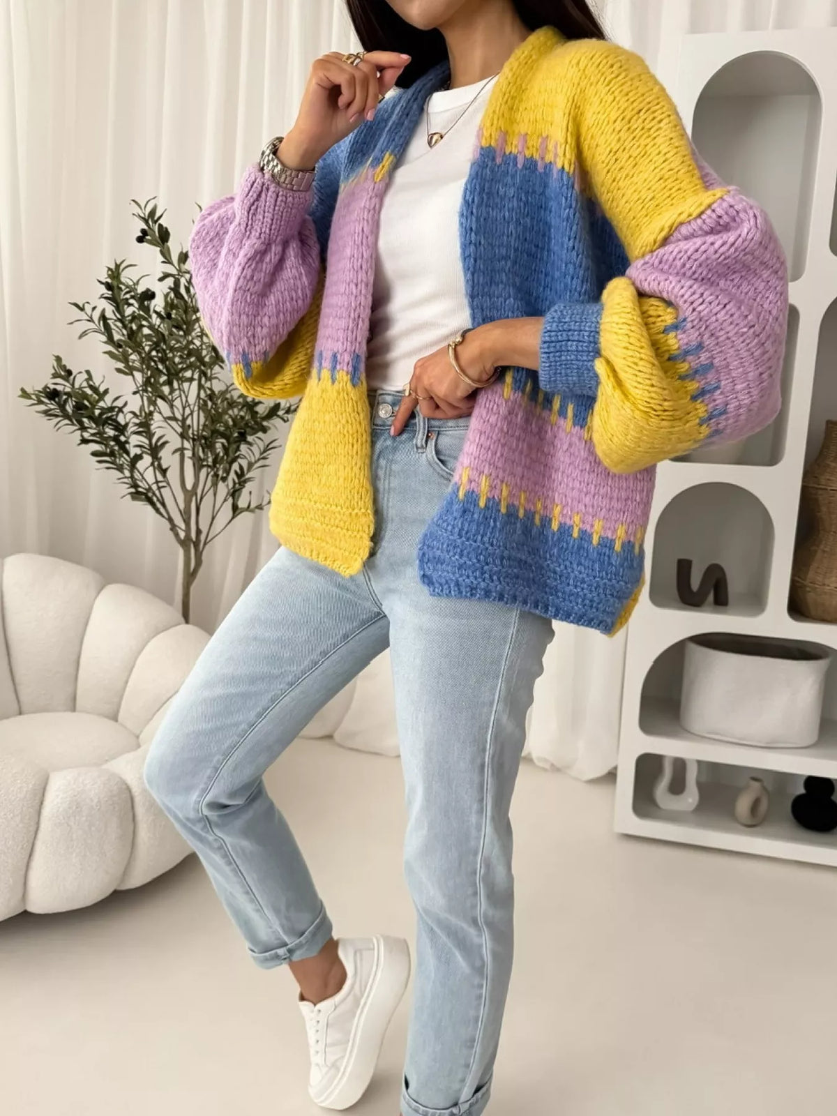 Color Block Open Front Cardigan - Basic Long Sleeve Polyester Top