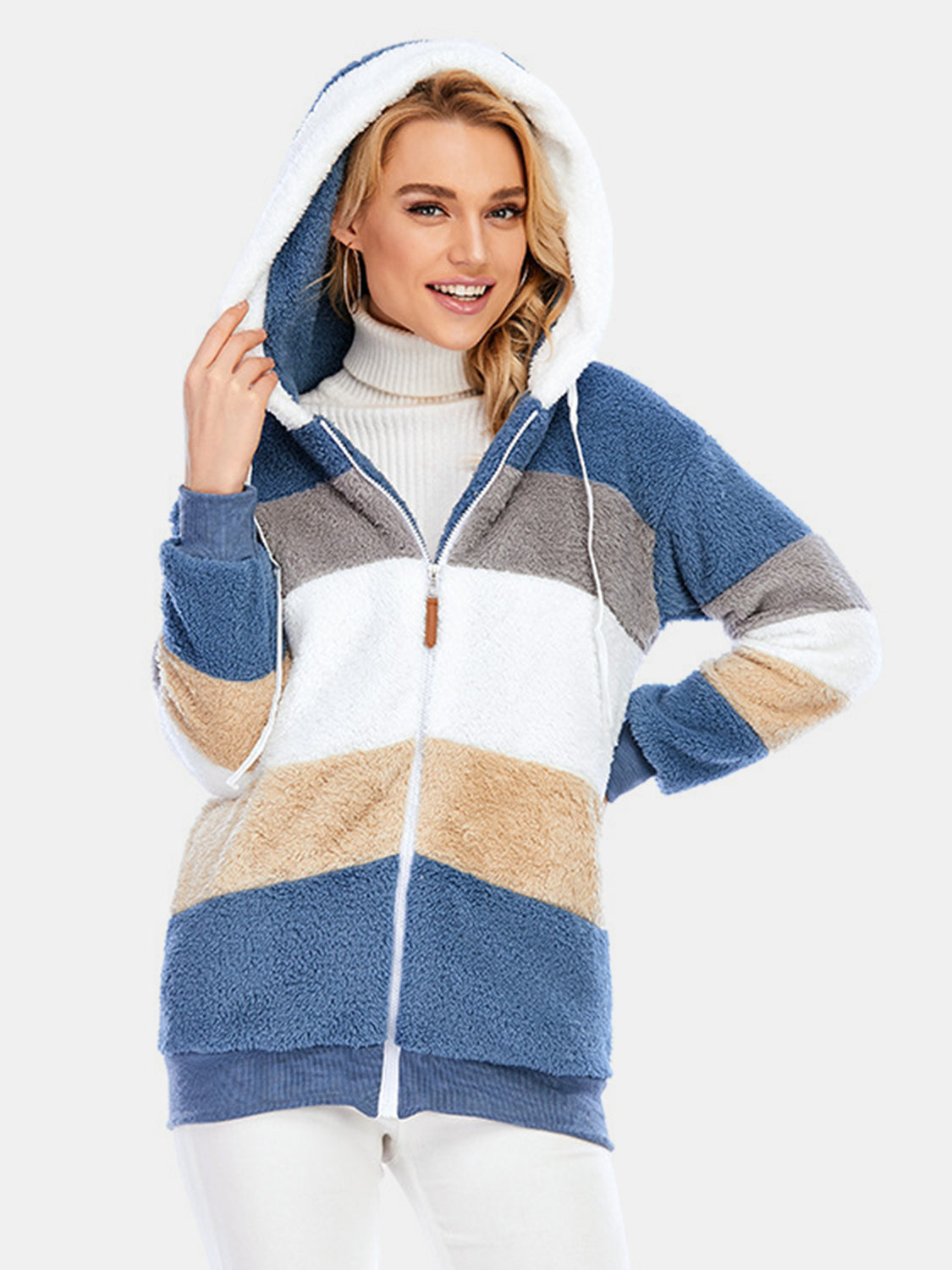 Full Size Drawstring Color Block Zip Up Hooded Outerwear Trandify Deal