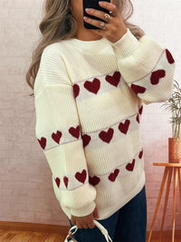 Women's Heart Pattern Sweater - Cute Dropped Shoulder Pullover