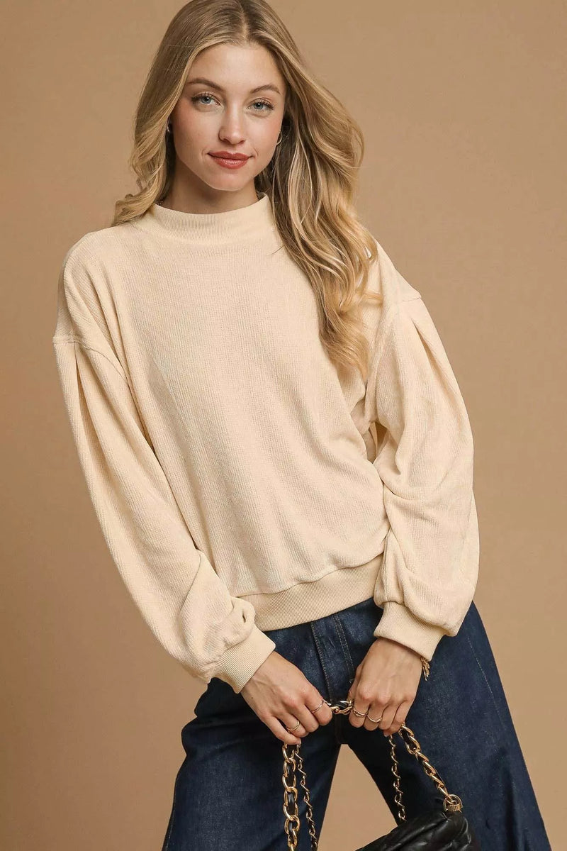 Women's Balloon Sleeve Sweatshirt in Beige - Oversized Velour Pullover Front View