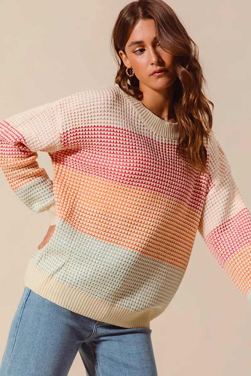 Color Block Waffle Knit Sweater - Women's Long Sleeve Top