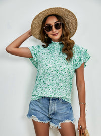 Ditsy Floral Mock Neck Flounce Sleeve Blouse Trandify deal