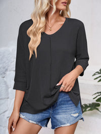 Lovelet Textured Round Neck Three-Quarter Sleeve Blouse Trandify deal