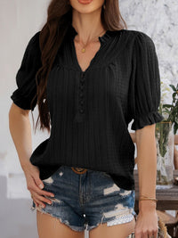 Women’s Devine Frill Notched Short Sleeve Blouse – Ruffled V-Neck Top for Casual & Office Wear