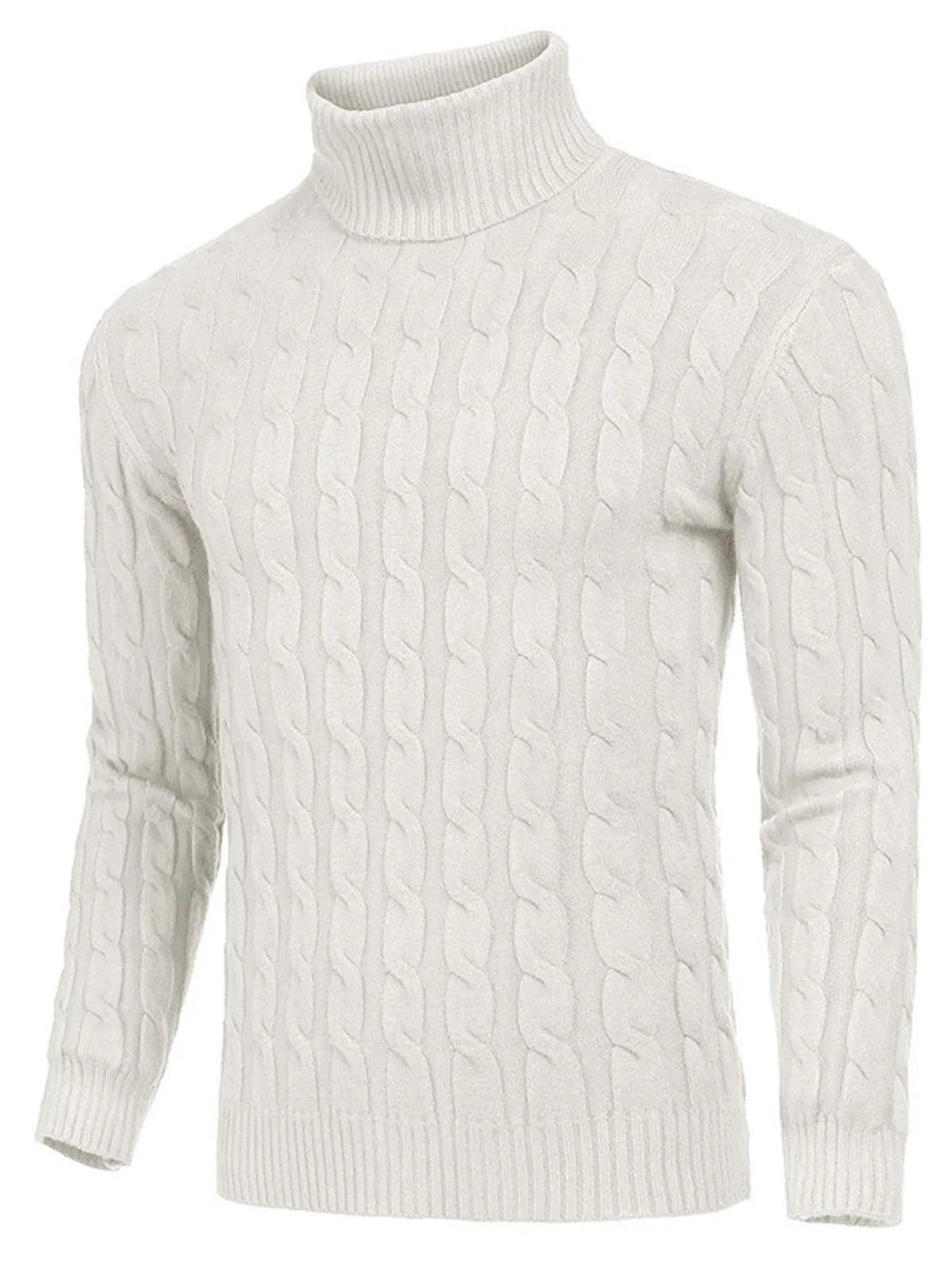 Men's Cable Knit Turtleneck Sweater worn by a model in White