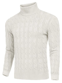 Men's Cable Knit Turtleneck Sweater worn by a model in White