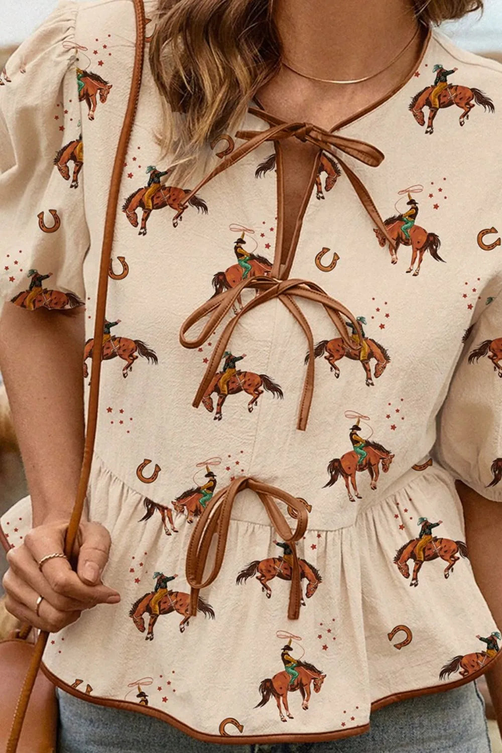 Women’s Horse Print Peplum Blouse with Tie-Front Detail – Boho Chic Ruffled Sleeve Top