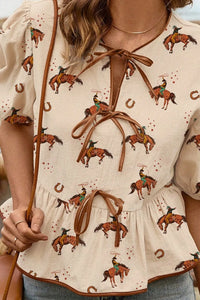 Women’s Horse Print Peplum Blouse with Tie-Front Detail – Boho Chic Ruffled Sleeve Top