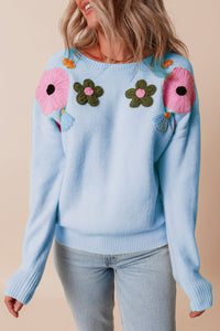 Crochet Flower Round Neck Dropped Shoulder Sweater Trandify Deal