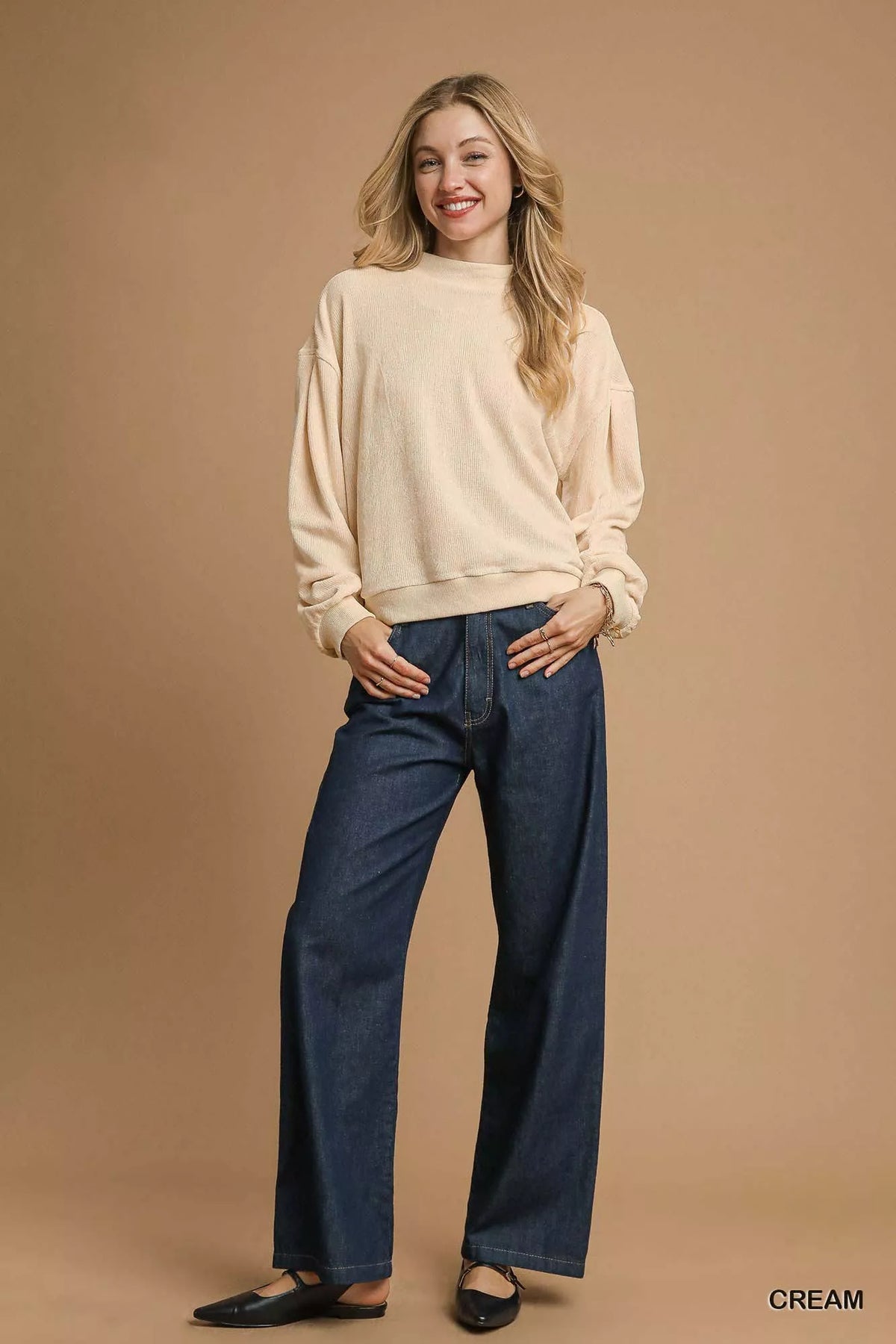 Women's Balloon Sleeve Sweatshirt in Beige - Oversized Velour Pullover Front View