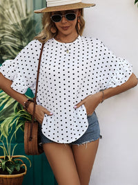 Perfee Slit Polka Dot Round Neck Half Sleeve Blouse Trandify deal