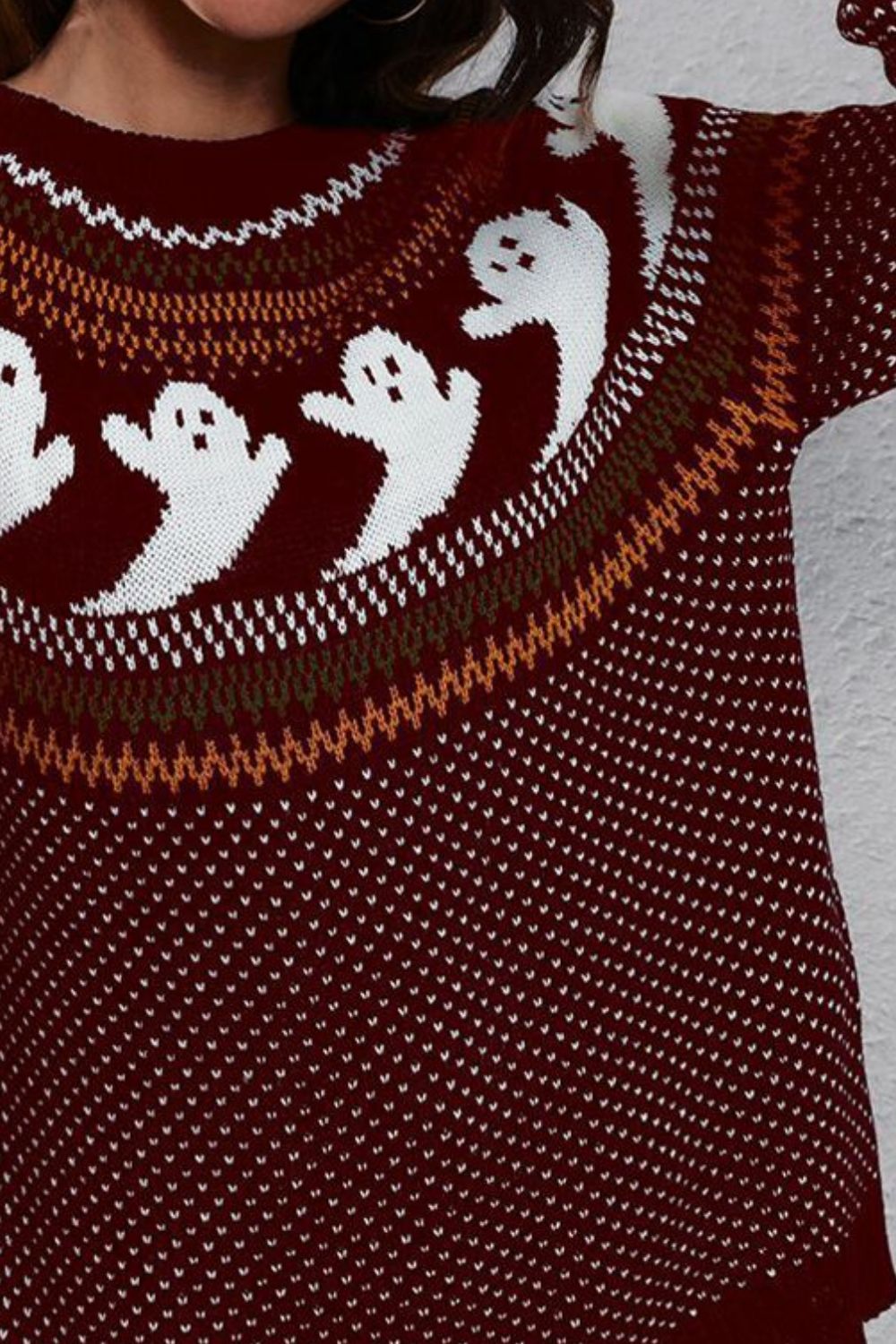 Ghost Pattern Round Neck Long Sleeve Sweater Trandify Deal