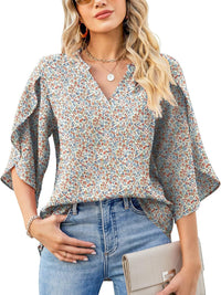 Printed Notched Half Sleeve Blouse Trandify Deal