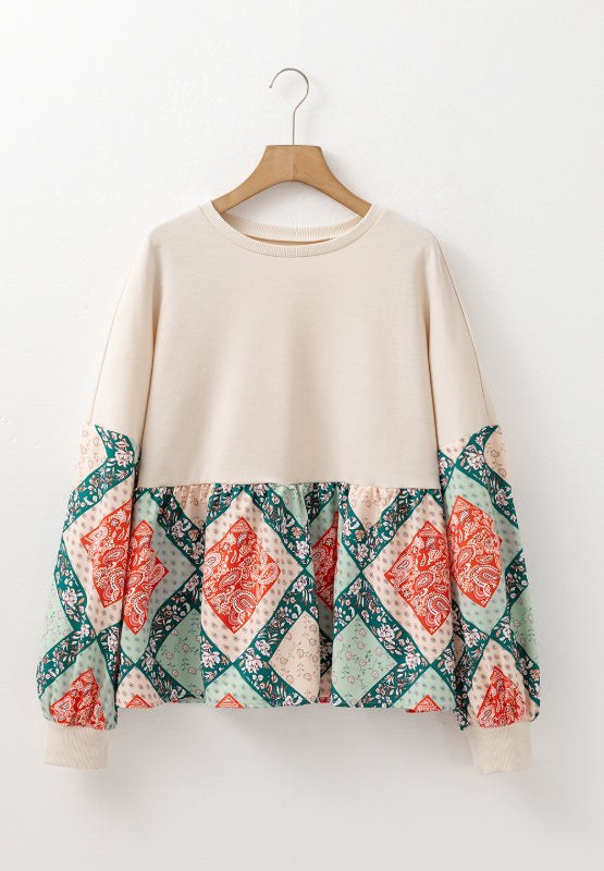Printed Round Neck Long Sleeve Blouse Trandify Deal