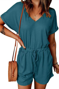 Full Size Drawstring V-Neck Short Sleeve Romper Trandify deal