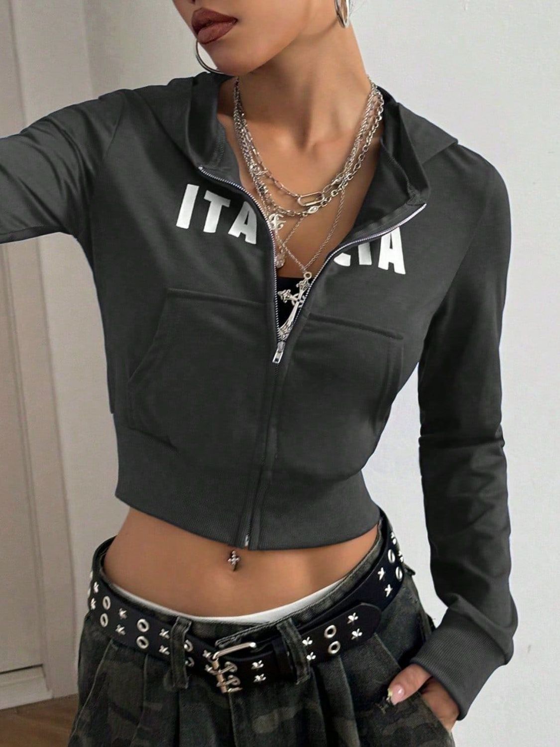 Letter Graphic Zip Up Long Sleeve Hoodie Trandify deal