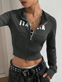 Letter Graphic Zip Up Long Sleeve Hoodie Trandify deal