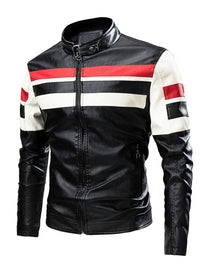 Plus size men's black PU leather biker jacket with white contrast zipper, laid flat