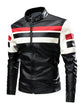 Plus size men's black PU leather biker jacket with white contrast zipper, laid flat