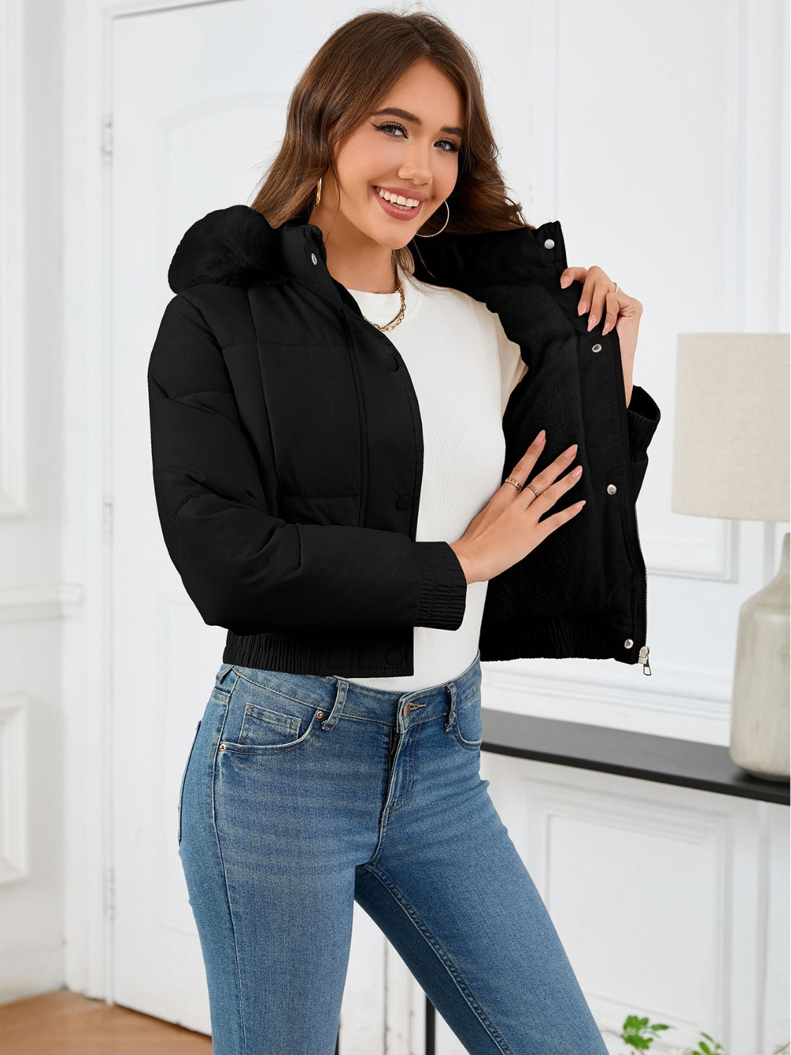 Pocketed Long Sleeve Cropped Hooded Winter Coat Trandify Deal