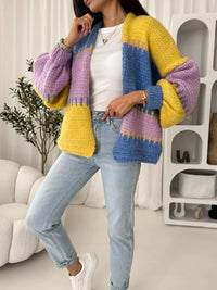 Color Block Open Front Cardigan - Basic Long Sleeve Polyester Top