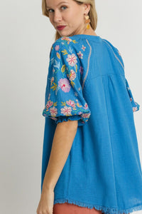 Women's Plus Size Embroidered Half-Button Top