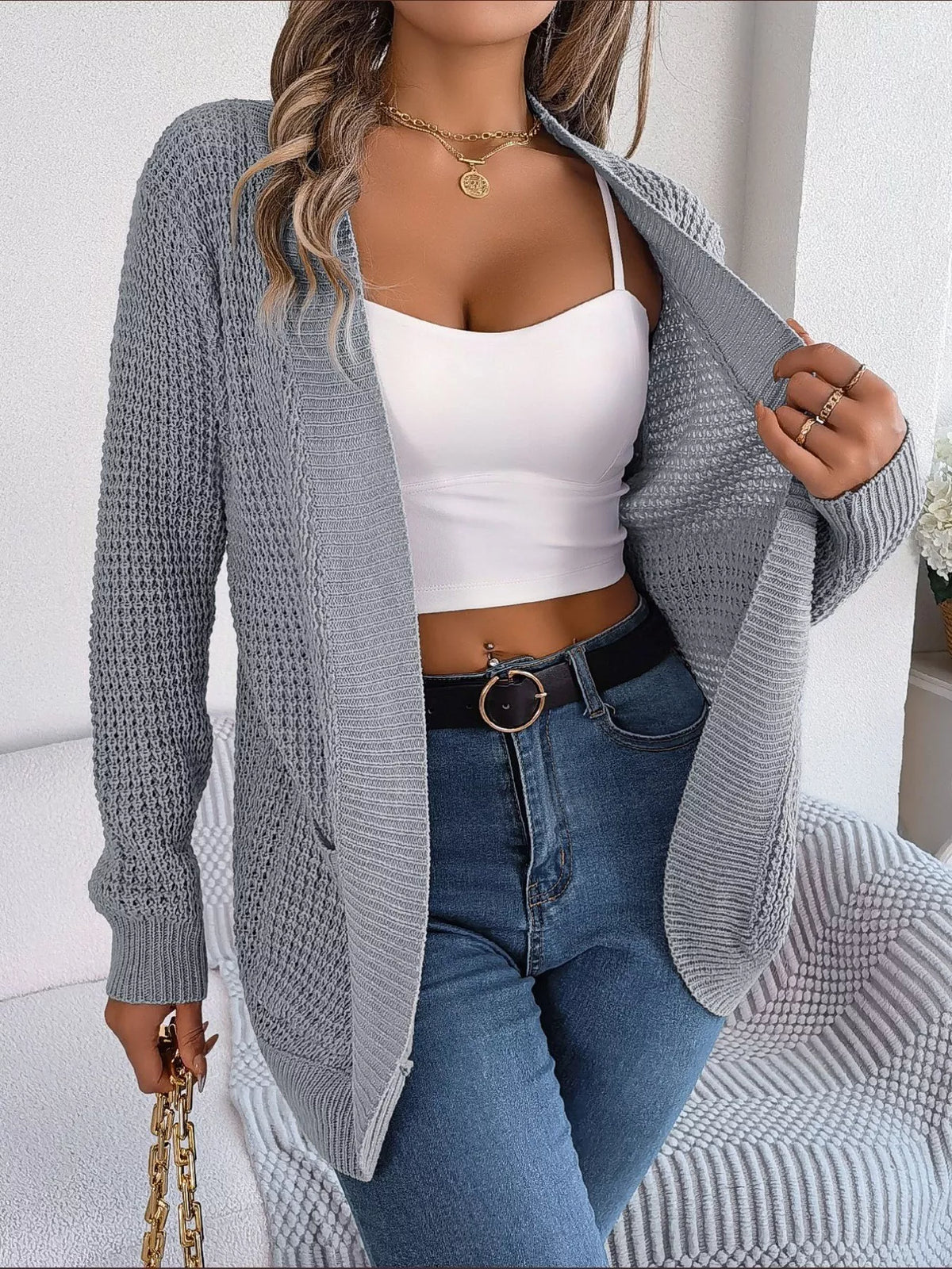 Chunky Knit Cardigan with Pockets - Open Front Women's Sweater