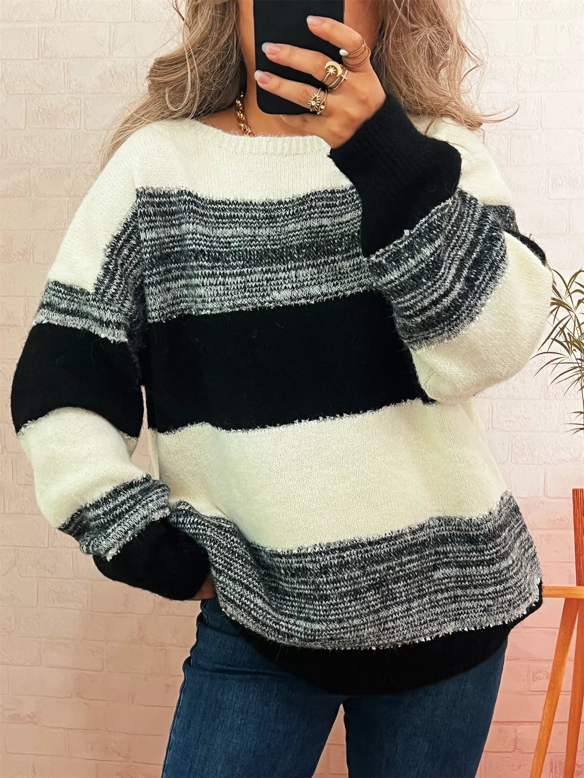 Women's Color Block Sweater | Casual Dropped Shoulder Pullover