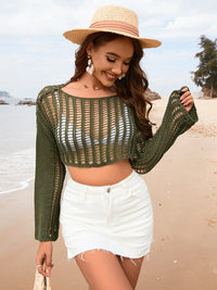 Openwork Boat Neck Long Sleeve Cover-Up Trandify deal