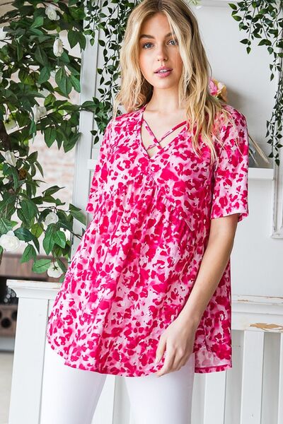 Plus Size Animal Print Babydoll Top – Crisscross Neck Short Sleeve Blouse for Women