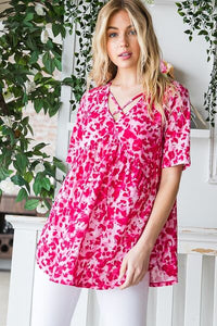 Plus Size Animal Print Babydoll Top – Crisscross Neck Short Sleeve Blouse for Women