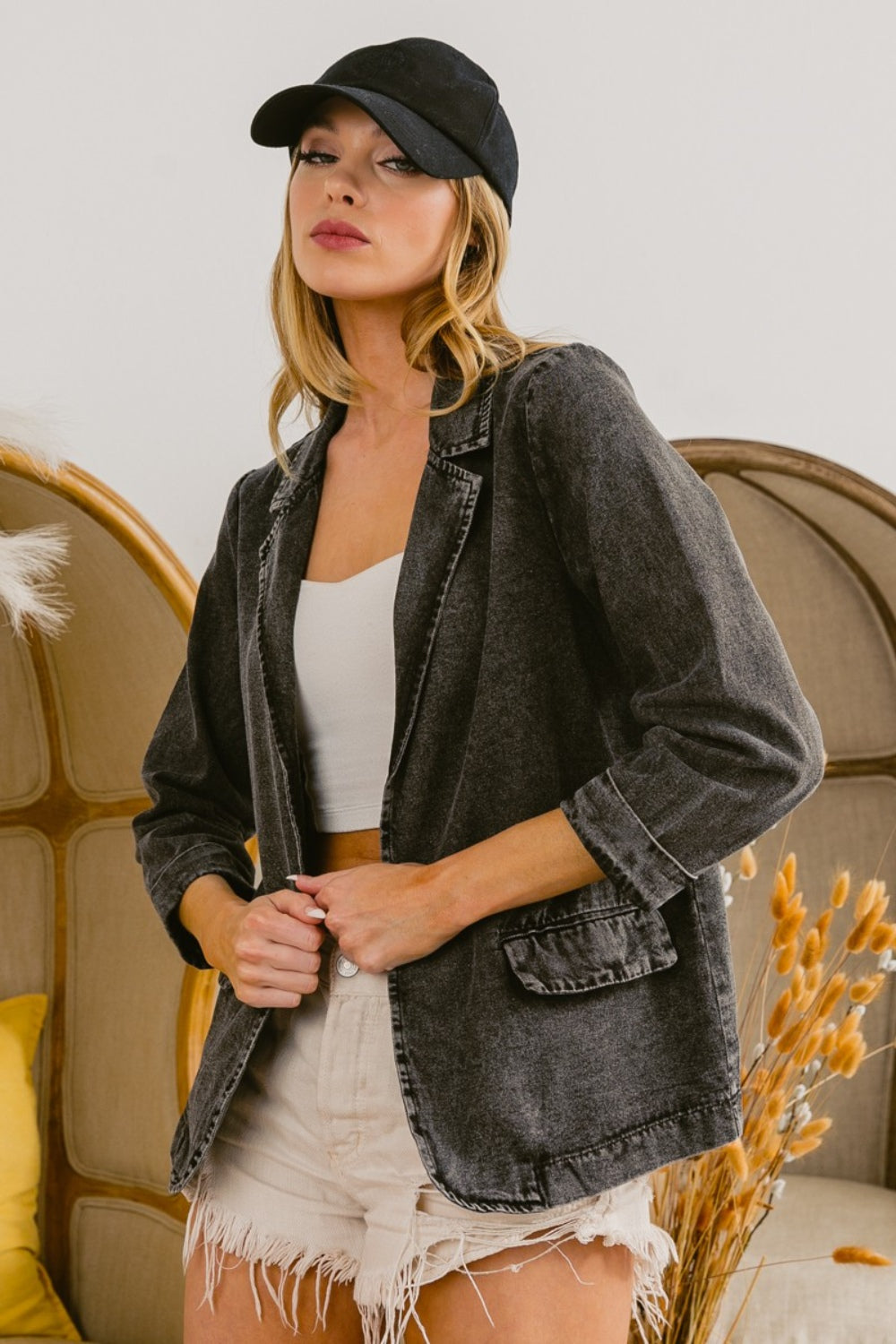 BiBi Single Breasted Washed Denim Blazer Trandify deal